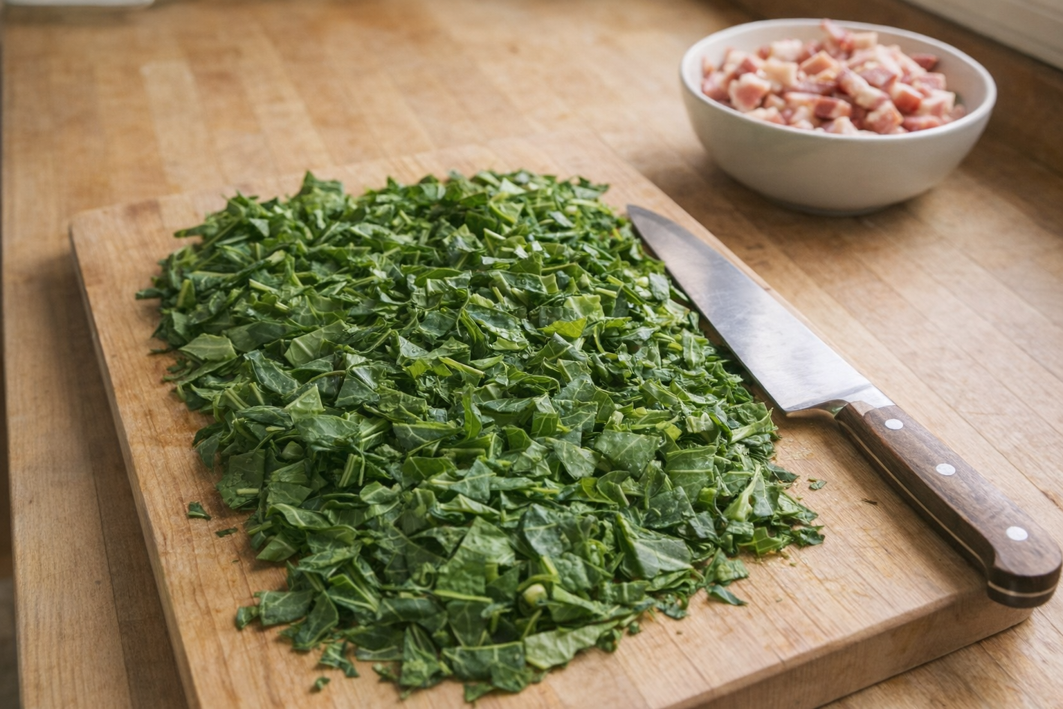 A top-down shot of chopped collard greens on a wooden cutting board, a sharp knife resting beside them, a bowl of raw bacon pieces in the background, bright kitchen lighting